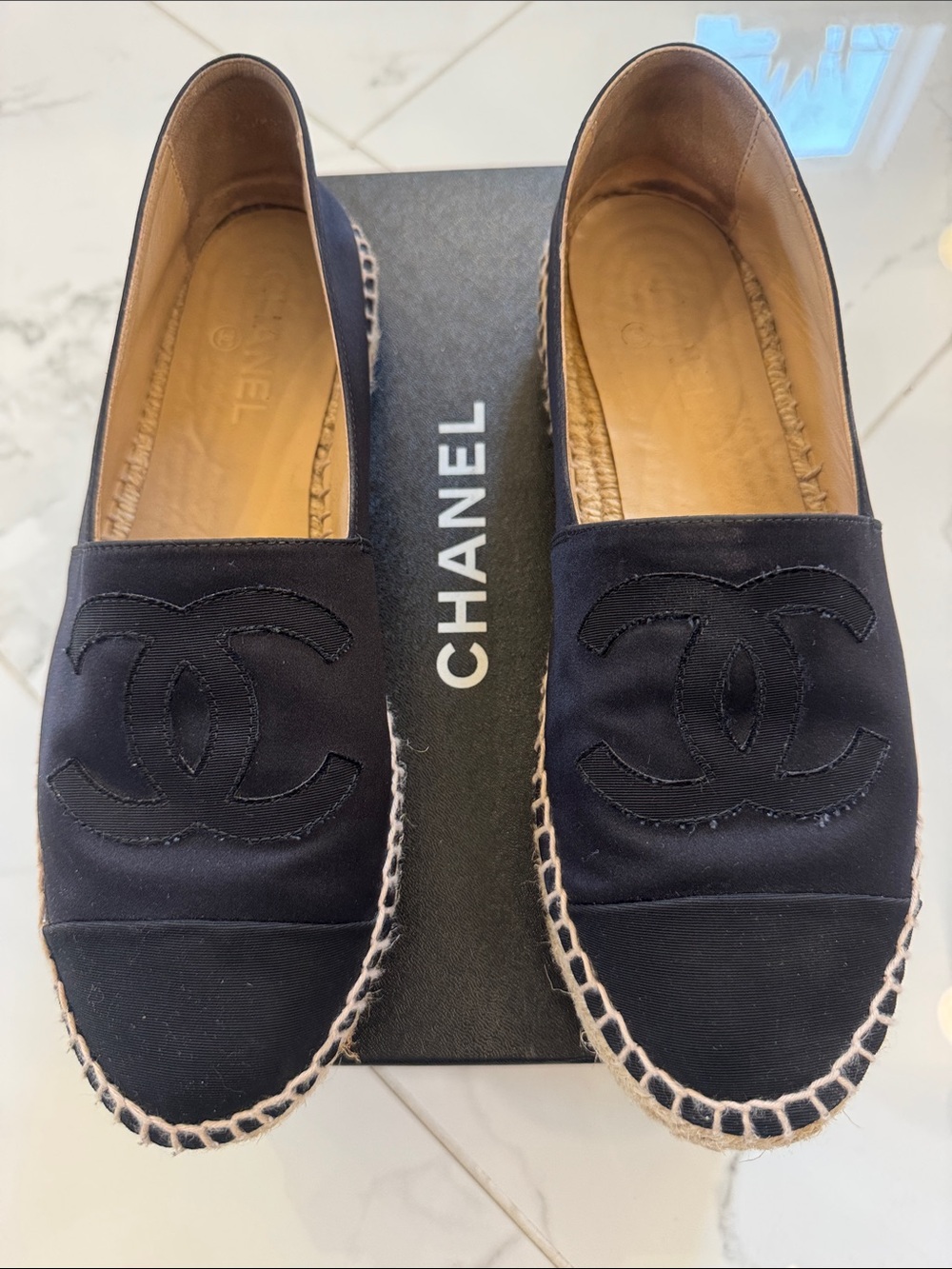 CHANEL Black Espadrille Slip-On Loafers with Interlocking CC